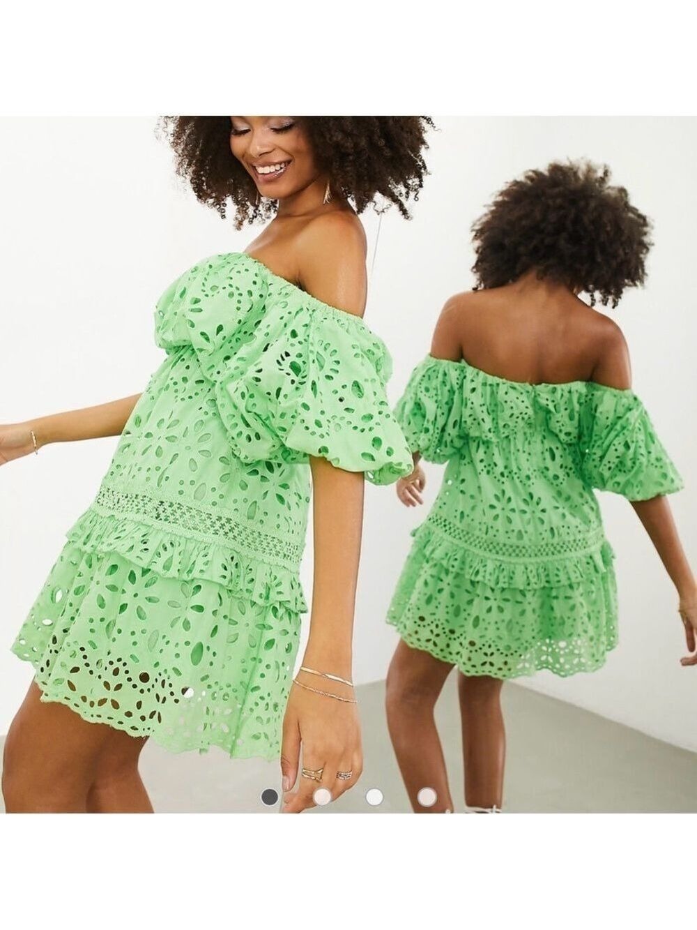 ASOS mint Off-Shoulder puff sleeve Eyelet Mini Dress size 6